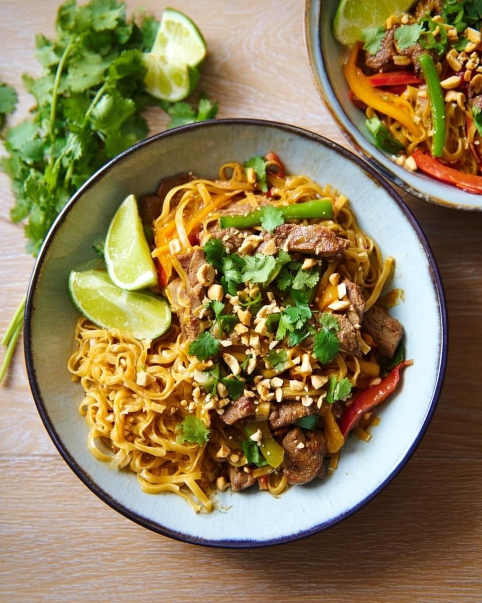 A vibrant bowl of beef and noodle stir-fry, featuring tender beef strips, colorful bell peppers, and a sprinkle of peanuts and cilantro, served with lime wedges.