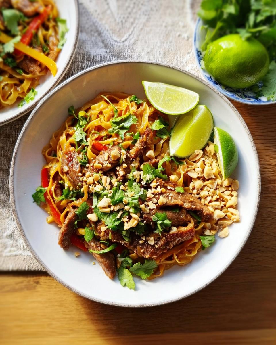 Close-up of a delicious beef and noodle stir-fry, part of easy dinner recipes, garnished with lime and peanuts.