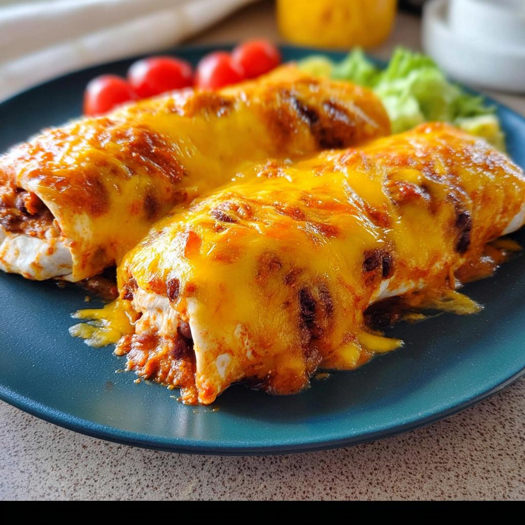 Two cheesy enchiladas topped with melted cheddar cheese, served with cherry tomatoes and lettuce. Perfect for easy dinner recipes.