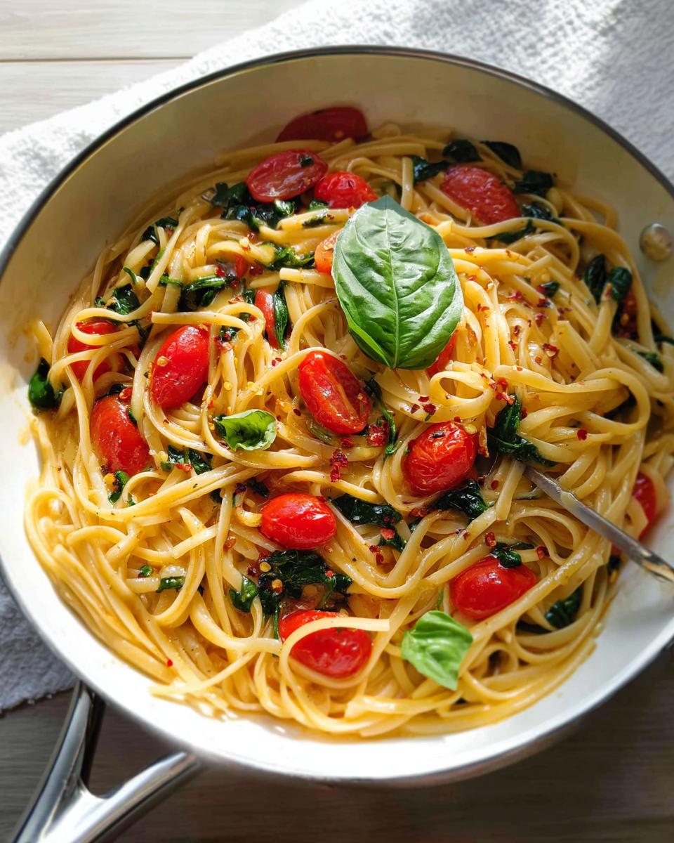A close-up of linguine pasta with cherry tomatoes, spinach, and basil, seasoned with chili flakes. An easy dinner recipe meal prep.