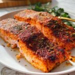 Two perfectly pan-seared salmon fillets seasoned with spices and herbs, ready to be served as part of easy salmon recipes.
