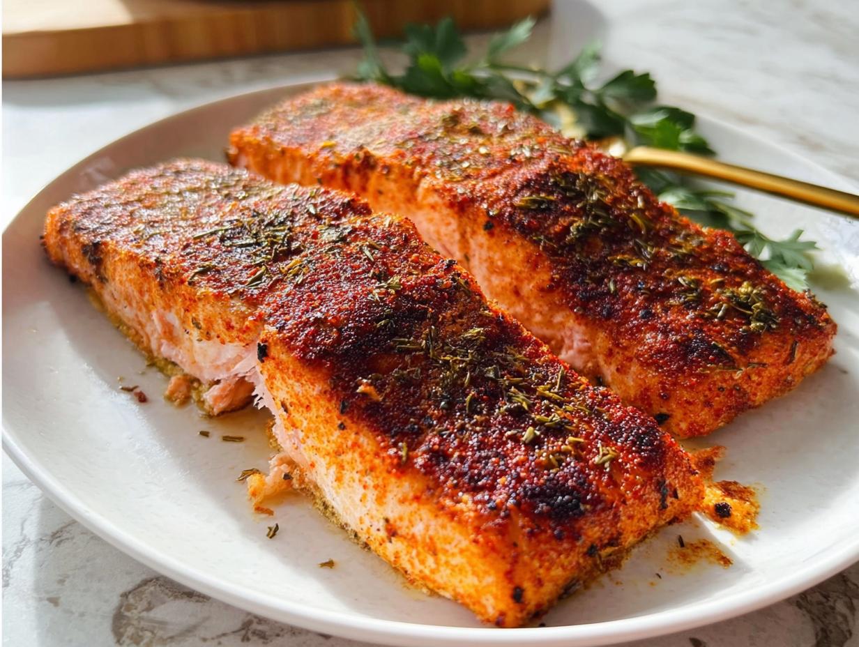 Two perfectly pan-seared salmon fillets seasoned with spices and herbs, ready to be served as part of easy salmon recipes.