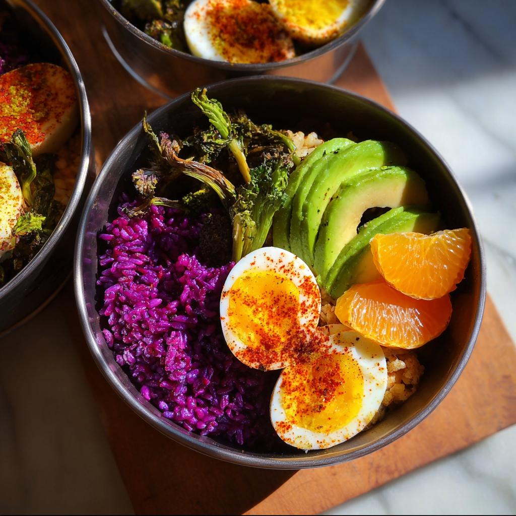 A vibrant bowl featuring halved hard-boiled eggs, purple rice, sliced avocado, and orange segments, part of The Ultimate Egg Recipes Guide.