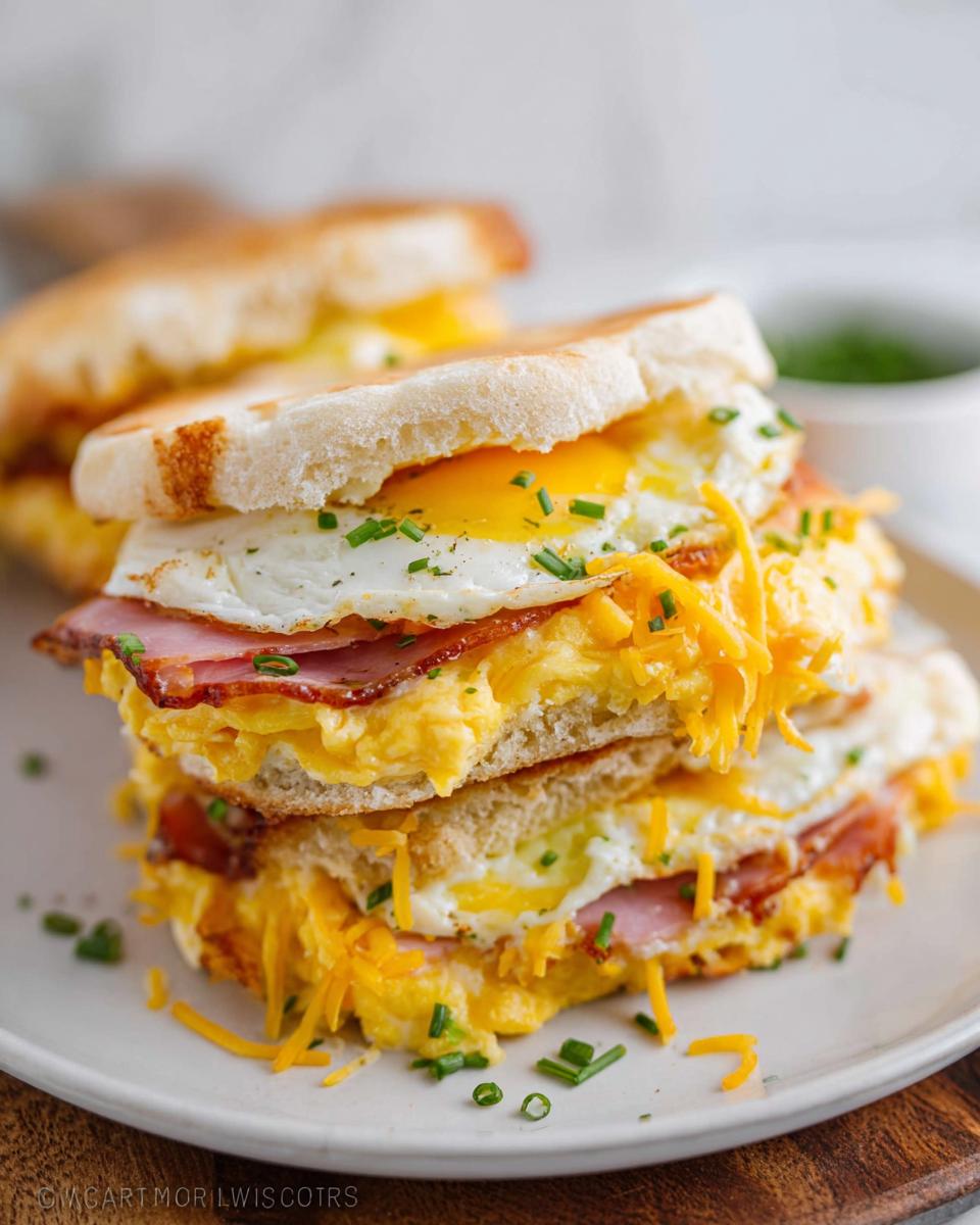 A stacked breakfast sandwich with fried eggs, ham, scrambled eggs, and shredded cheese, sprinkled with chives.
