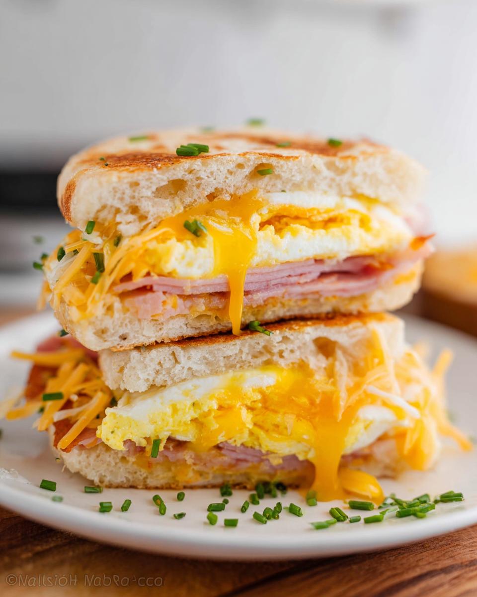 Close-up of a stacked egg and ham sandwich with melted cheese and chives, showcasing runny egg yolk.