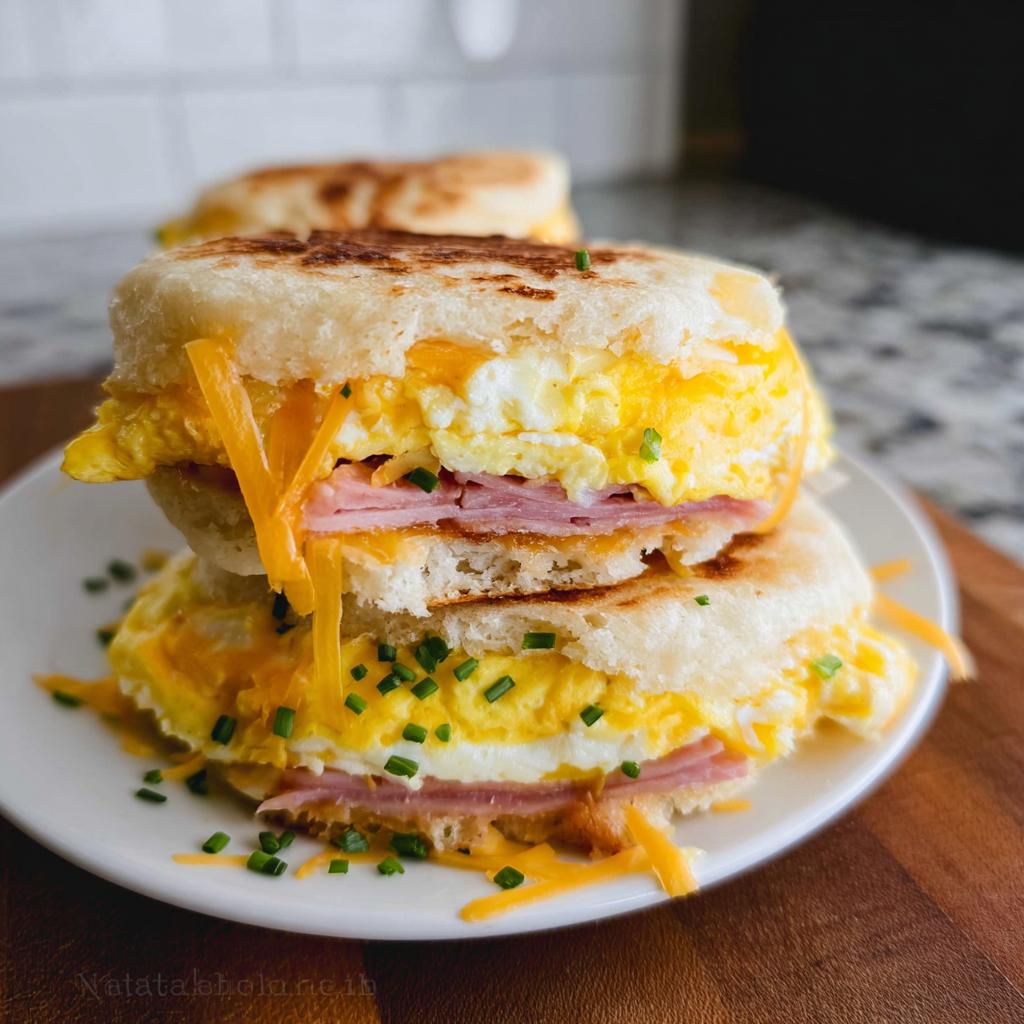 Stack of two English muffin breakfast sandwiches with scrambled eggs, ham, and melted cheddar cheese, garnished with chives.