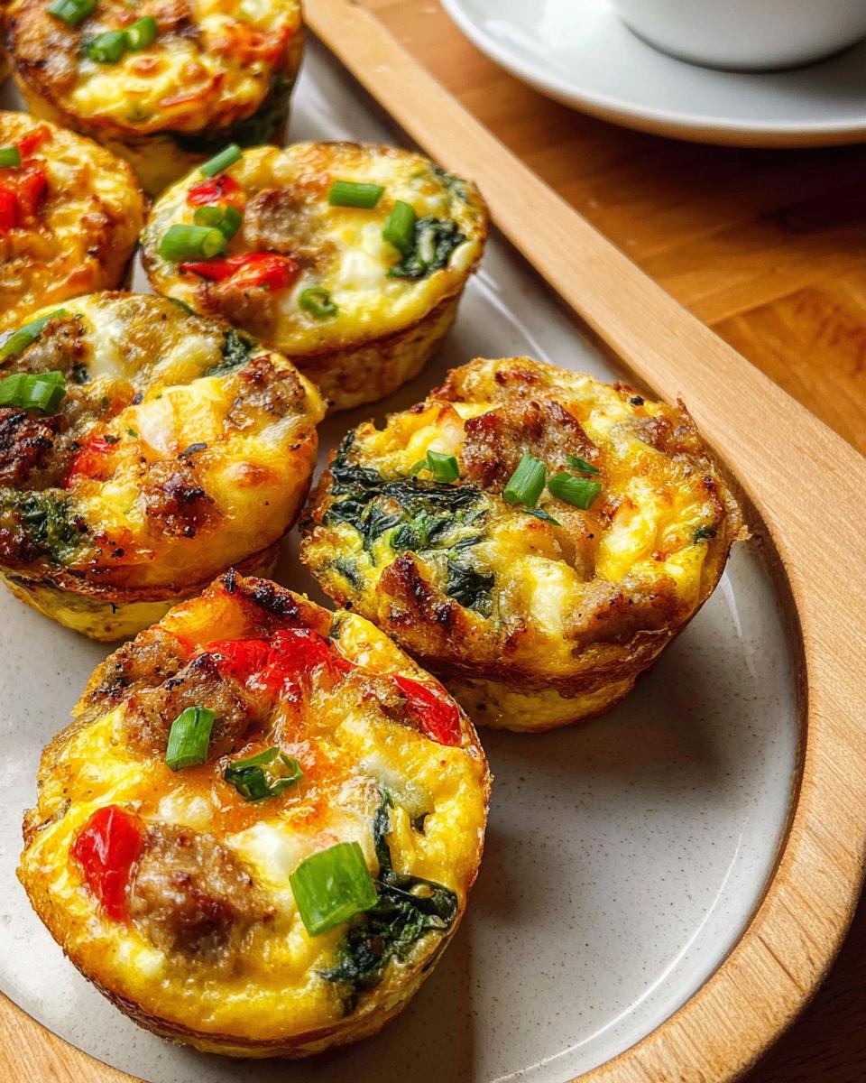 Close-up of delicious egg muffins with sausage, spinach, and red peppers, perfect for egg recipes meal prep.