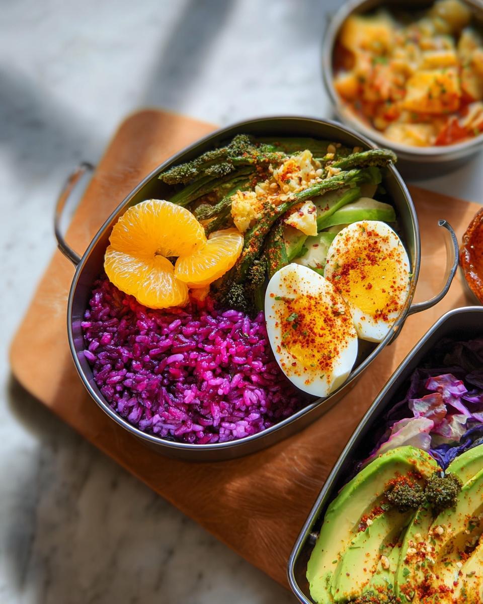 A bento box featuring a hard-boiled egg, purple rice, asparagus, and orange slices, part of The Ultimate Egg Recipes Guide.