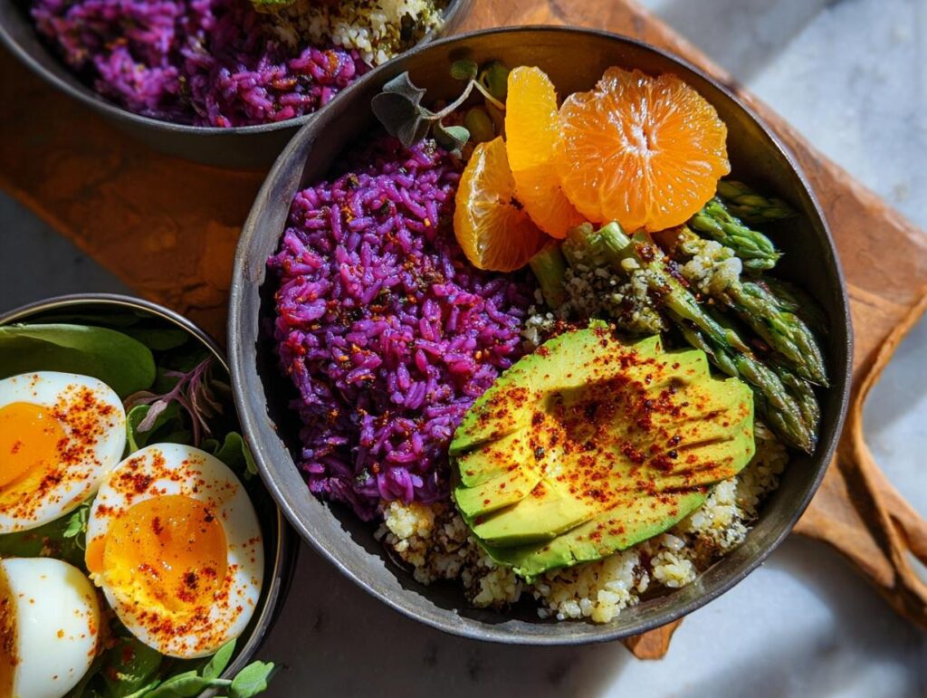 A vibrant bowl featuring purple rice, sliced soft-boiled eggs, avocado, asparagus, and orange slices. Part of The Ultimate Egg Recipes Guide.