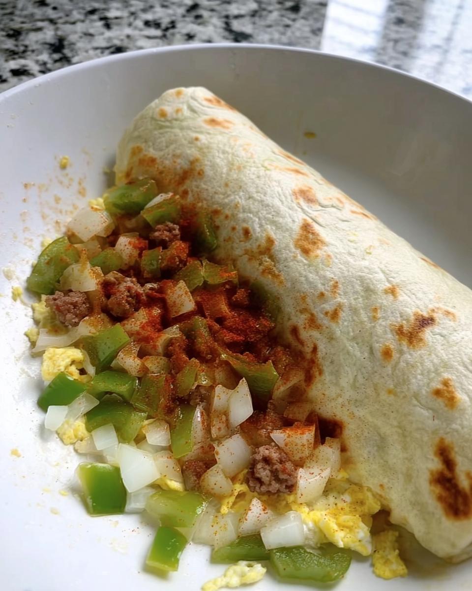 Close-up of a breakfast burrito filled with scrambled eggs, sausage, green peppers, and onions, seasoned with paprika.