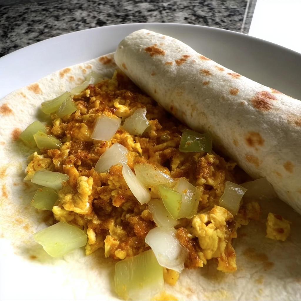 A close-up of a breakfast burrito filled with scrambled eggs, diced onions, and green peppers, served on a tortilla.