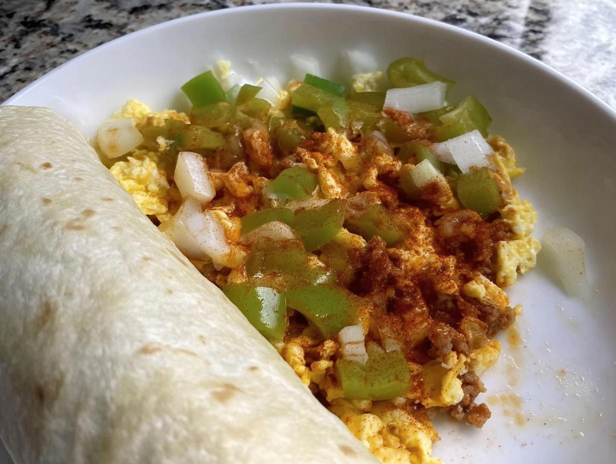A close-up of a breakfast burrito next to a bowl of scrambled eggs with diced green peppers, onions, and a sprinkle of paprika.