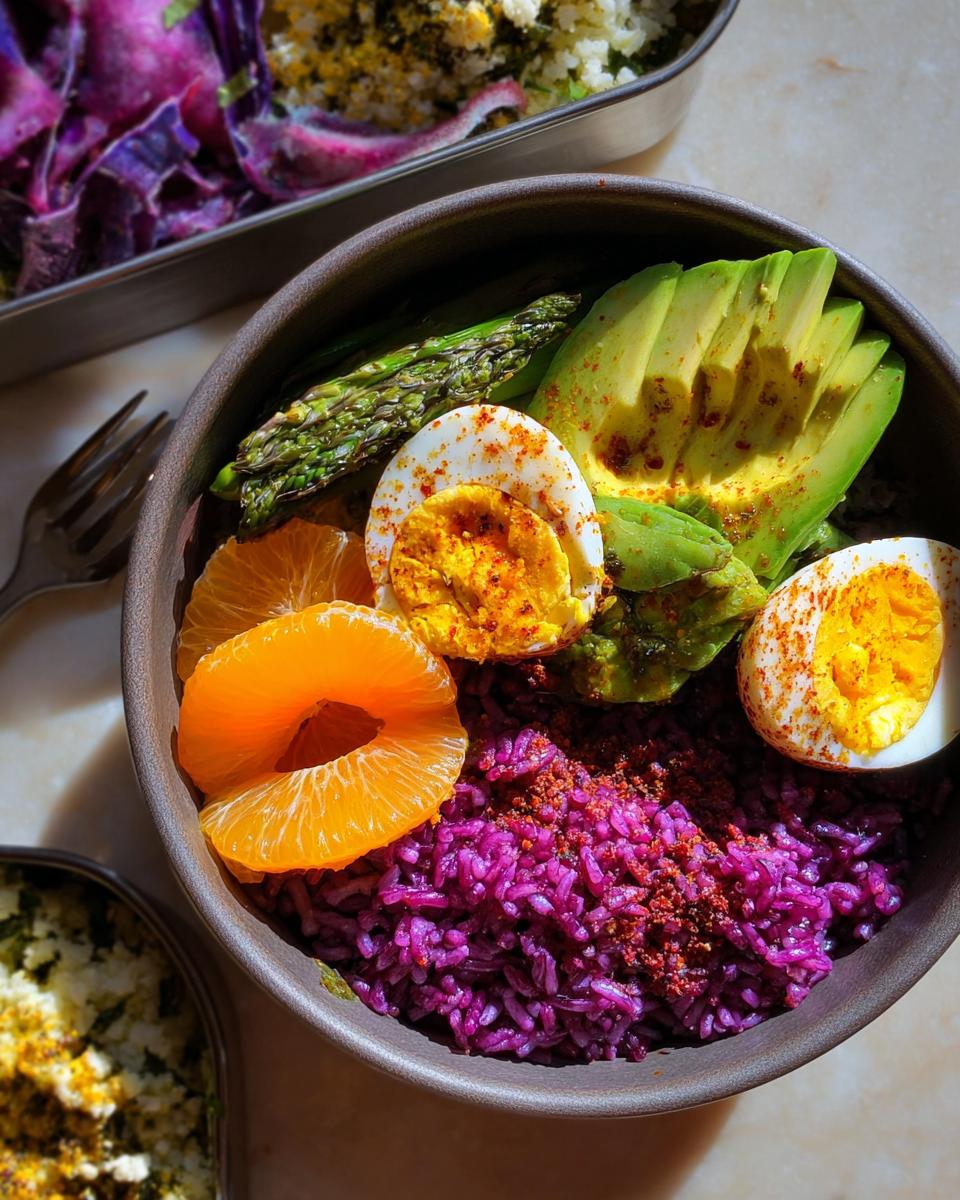 A vibrant bowl featuring hard-boiled eggs, avocado slices, asparagus, orange segments, and purple rice.