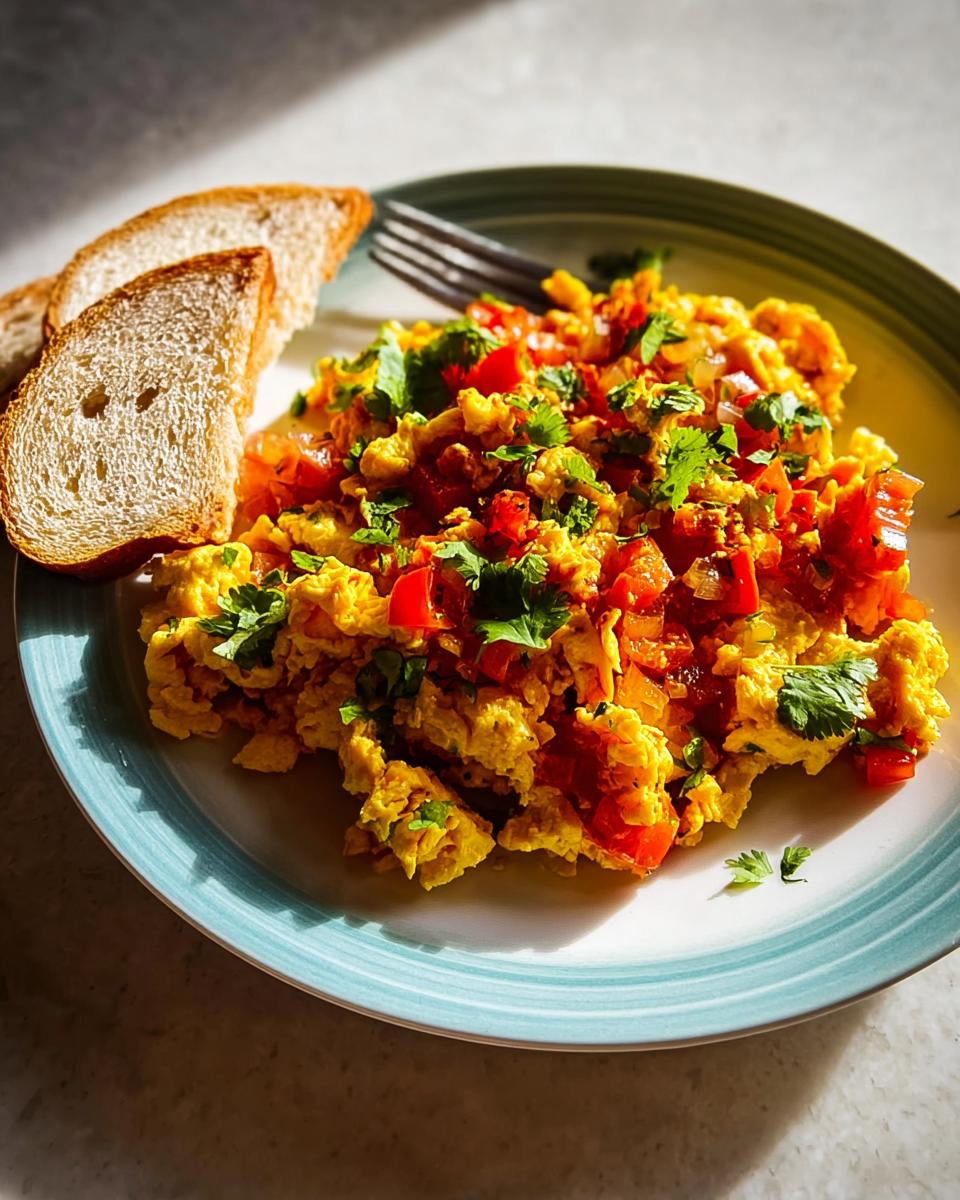 Scrambled eggs with tomatoes and cilantro, served with toast, a perfect example of egg recipes in 10 minutes.