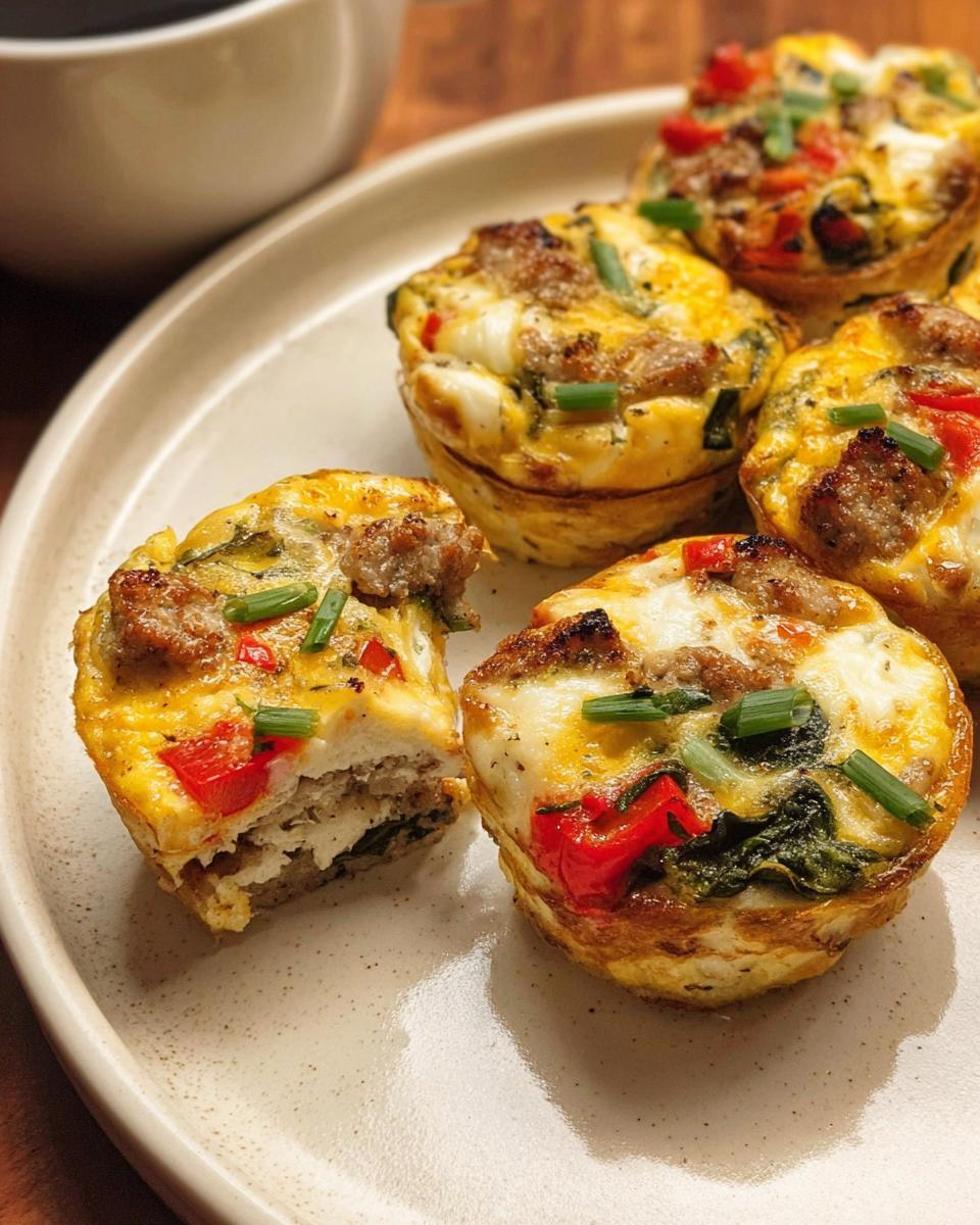 Close-up of savory egg recipes meal prep muffins with sausage, peppers, and spinach on a plate.