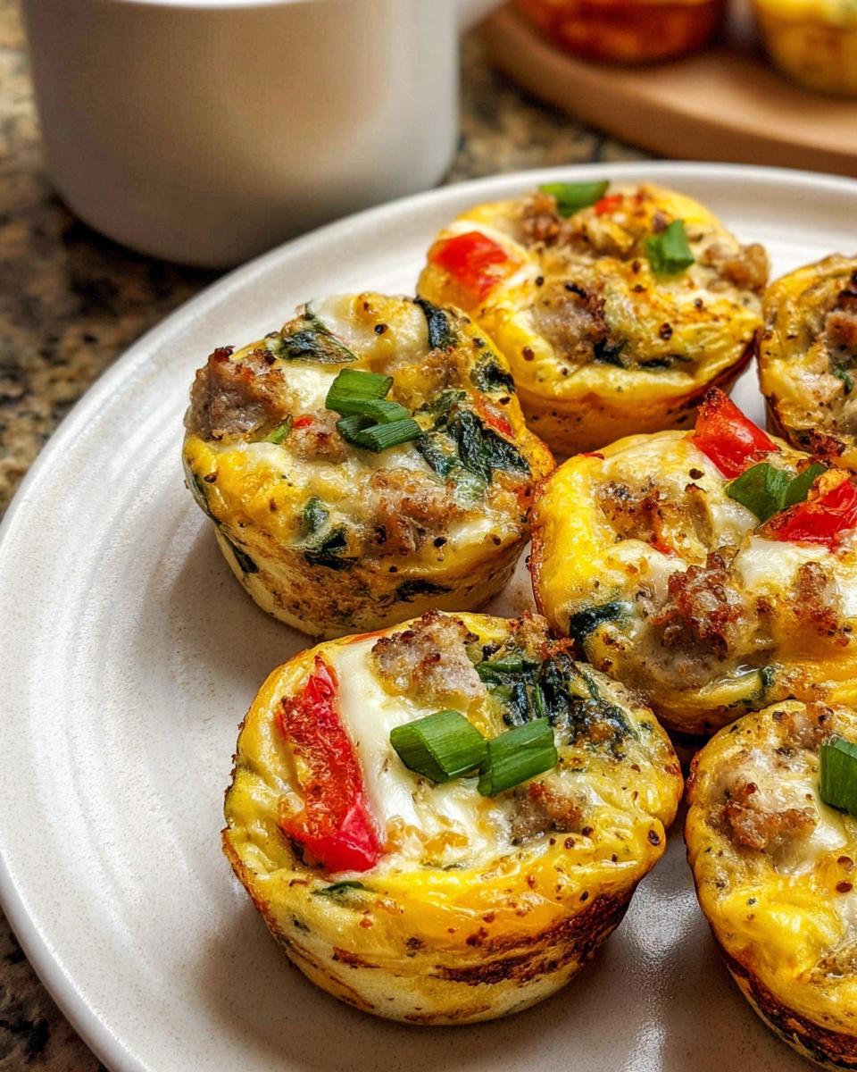Close-up of egg recipes meal prep muffins with sausage, spinach, and red pepper, garnished with green onions.