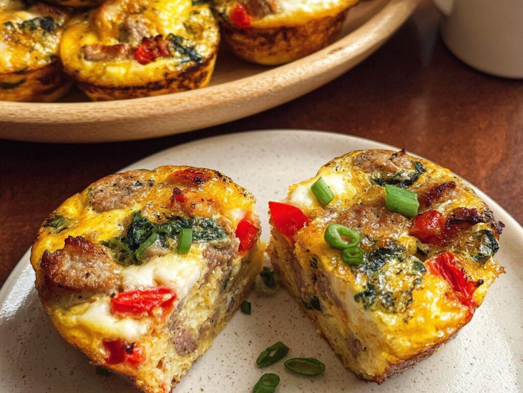 Close-up of a halved egg muffin, showcasing sausage, spinach, red peppers, and green onions. A perfect example of egg recipes meal prep.