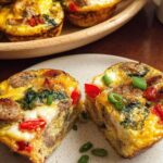 Close-up of a halved egg muffin, showcasing sausage, spinach, red peppers, and green onions. A perfect example of egg recipes meal prep.