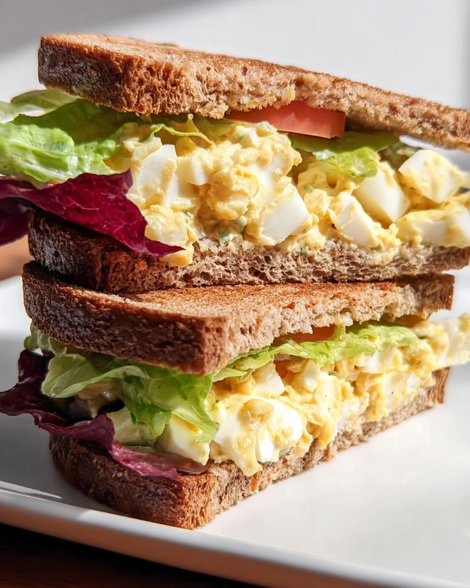 A close-up of a stacked egg salad sandwich on whole wheat bread, featuring lettuce, tomato, and creamy egg salad.