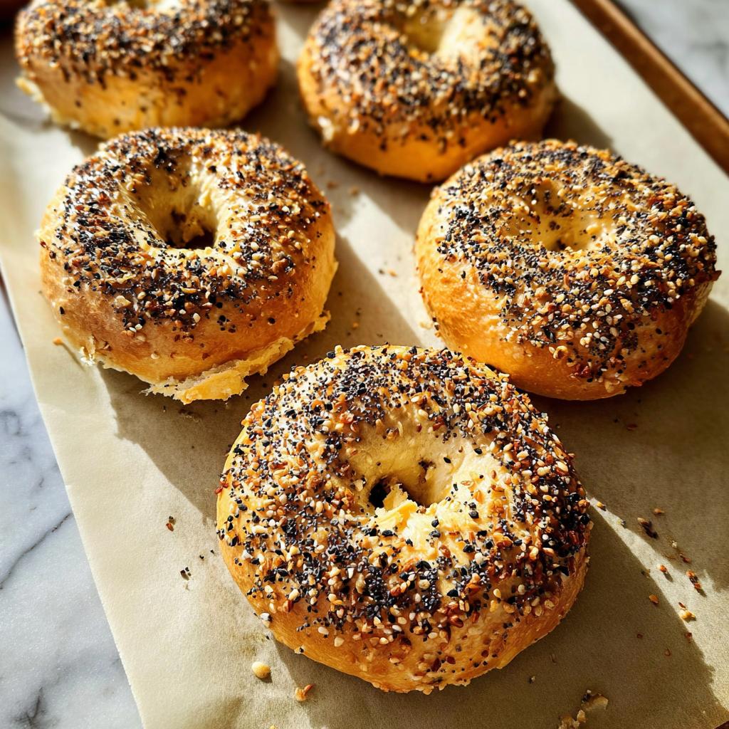 A close-up of freshly baked everything bagels, generously topped with seeds, perfect for quick breakfast ideas.