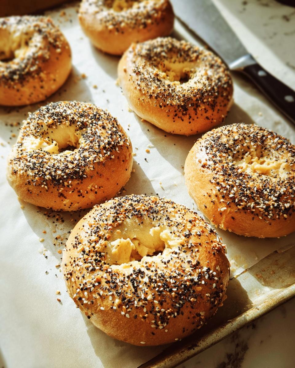 A close-up of freshly baked everything bagels on a baking sheet, ready for breakfast.