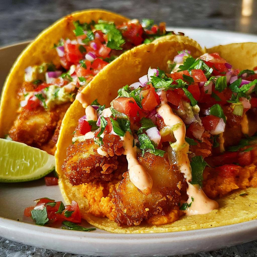 Two crispy fish tacos piled high with fresh salsa, creamy sauce, and a lime wedge. Perfect for Taco Tuesday recipes.