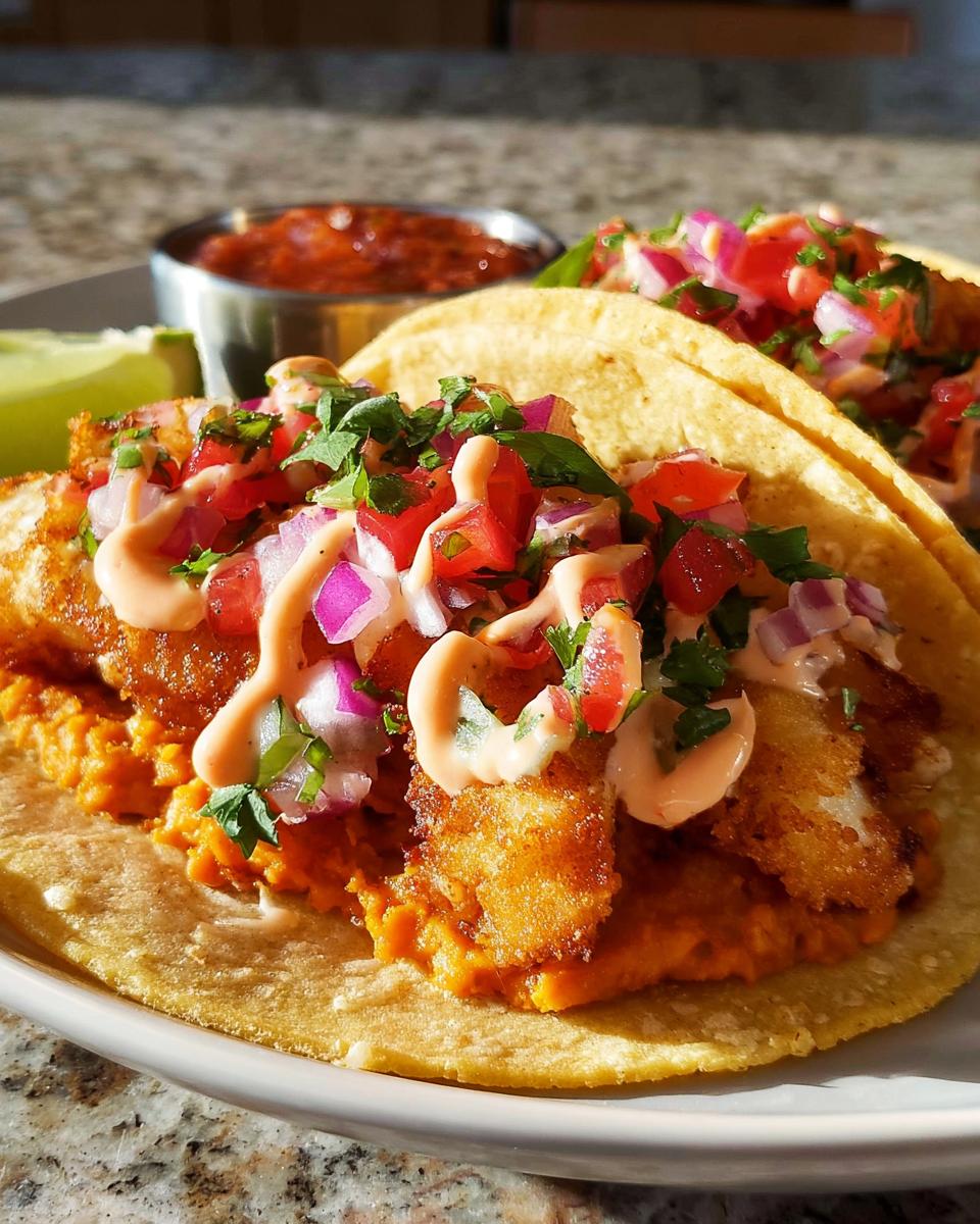 Close-up of a crispy fish taco, topped with pico de gallo, creamy sauce, and cilantro. Perfect for Taco Tuesday recipes.