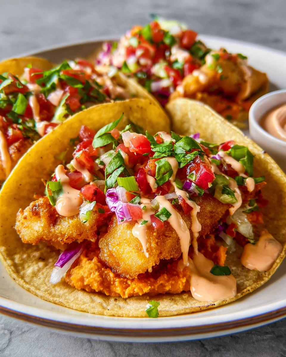 Close-up of golden-fried fish tacos piled high with pico de gallo, fresh cilantro, and a drizzle of creamy sauce.