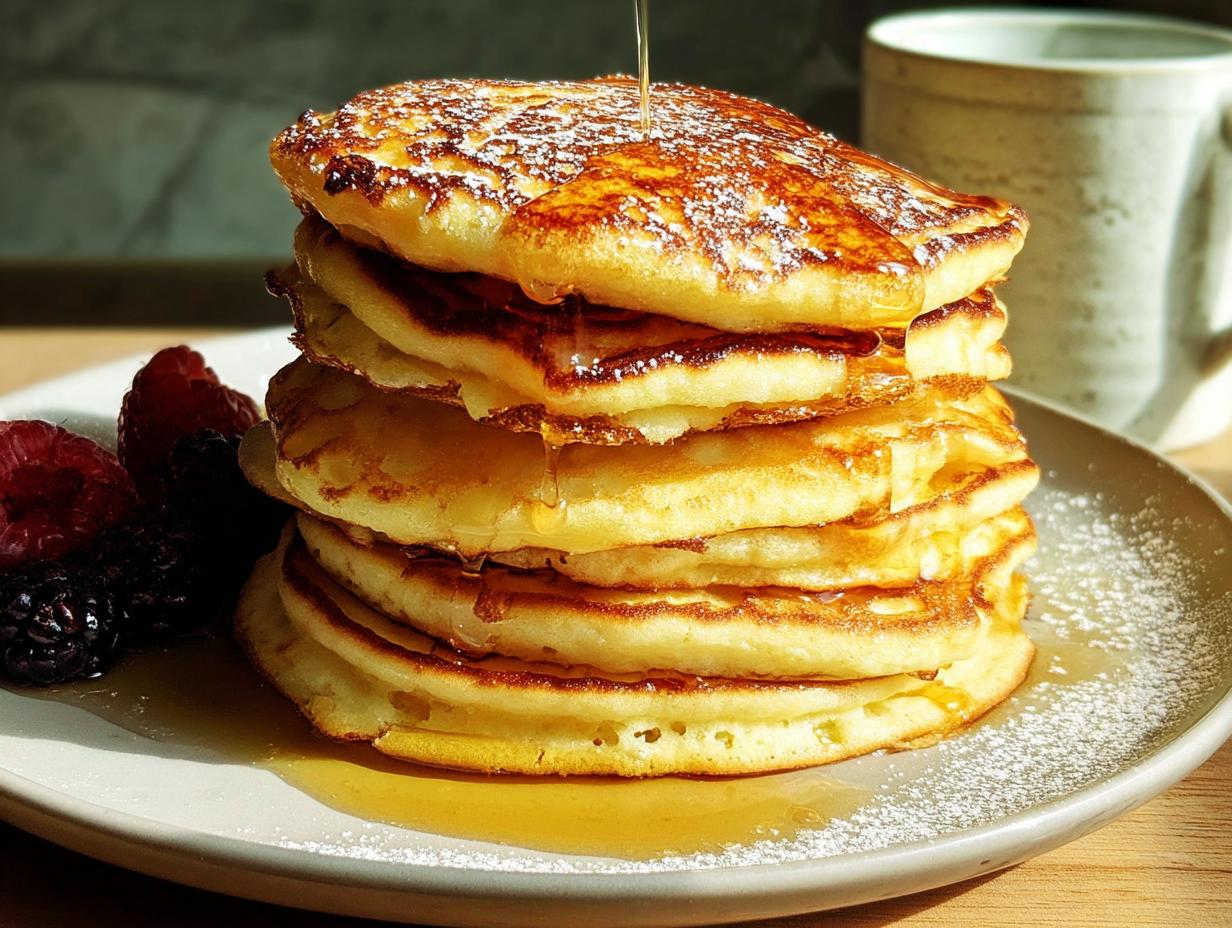 A stack of fluffy pancakes drizzled with syrup, dusted with powdered sugar, and served with berries. Part of The Ultimate Breakfast Ideas Recipes Guide for Beginners.