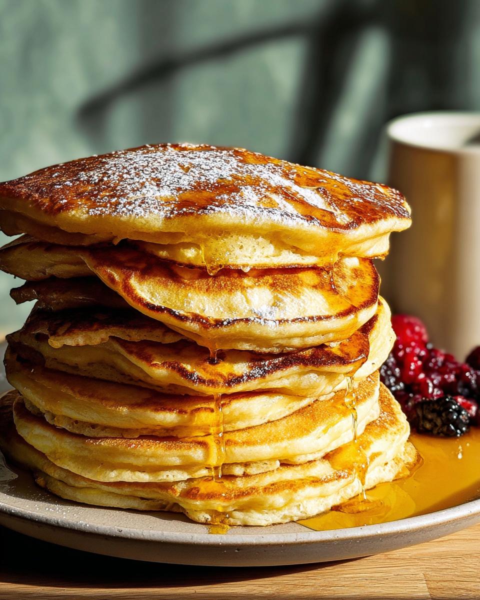 A tall stack of fluffy pancakes drizzled with syrup and dusted with powdered sugar, served with berries. Part of The Ultimate Breakfast Ideas Recipes Guide for Beginners.