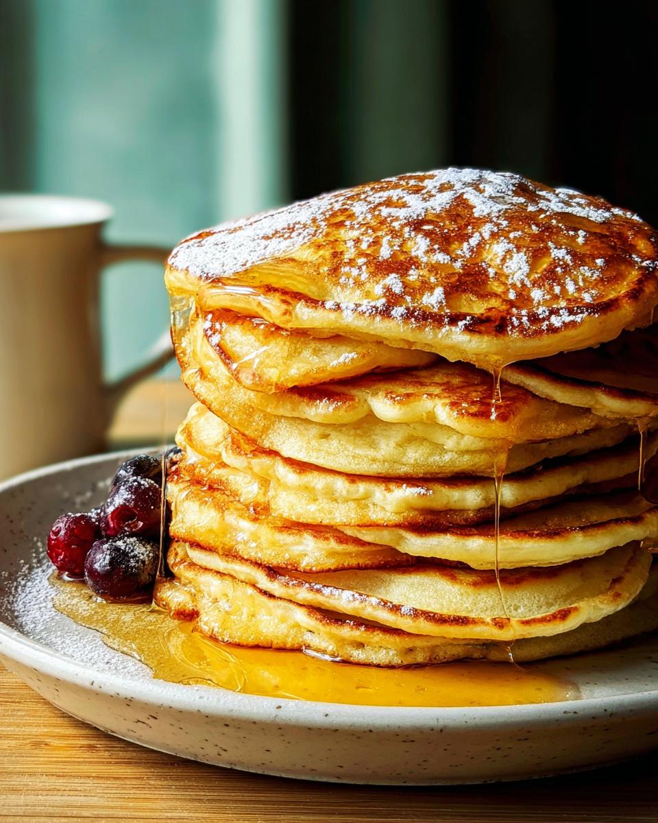 A tall stack of fluffy pancakes, dusted with powdered sugar and drizzled with syrup, served with berries.