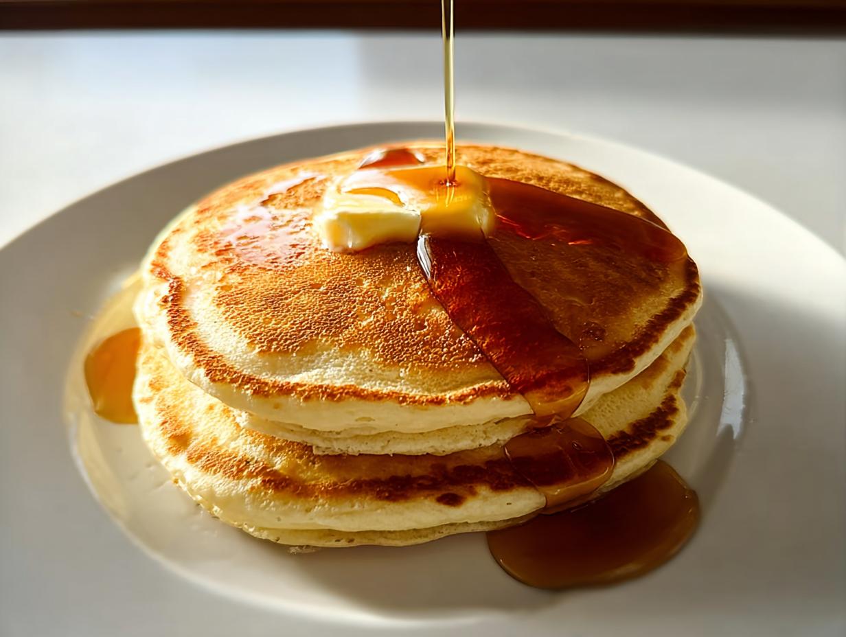 A stack of three fluffy pancakes topped with a pat of butter and drizzled with maple syrup, perfect for breakfast ideas recipes.