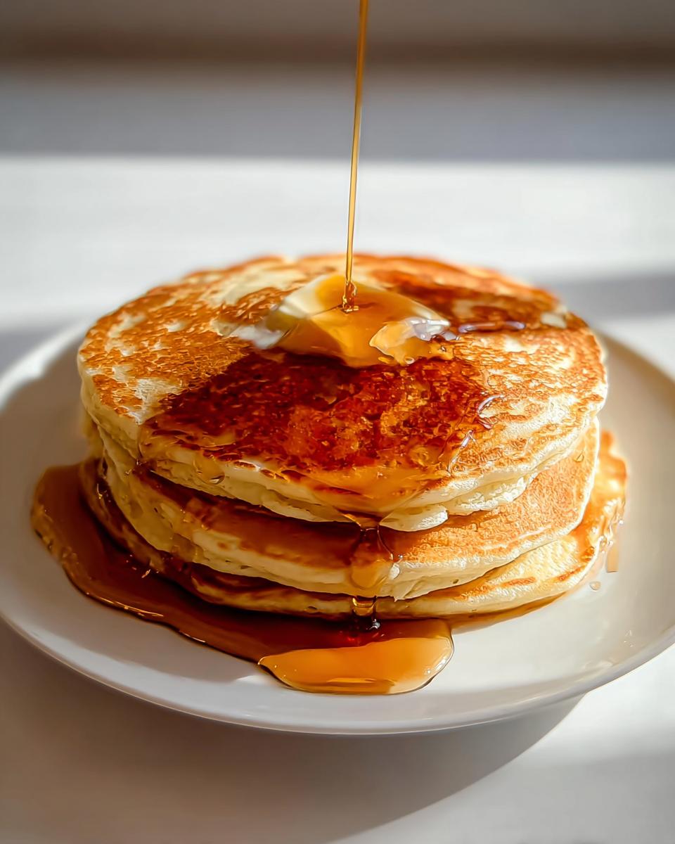 A stack of fluffy pancakes being drizzled with syrup, a classic breakfast idea.