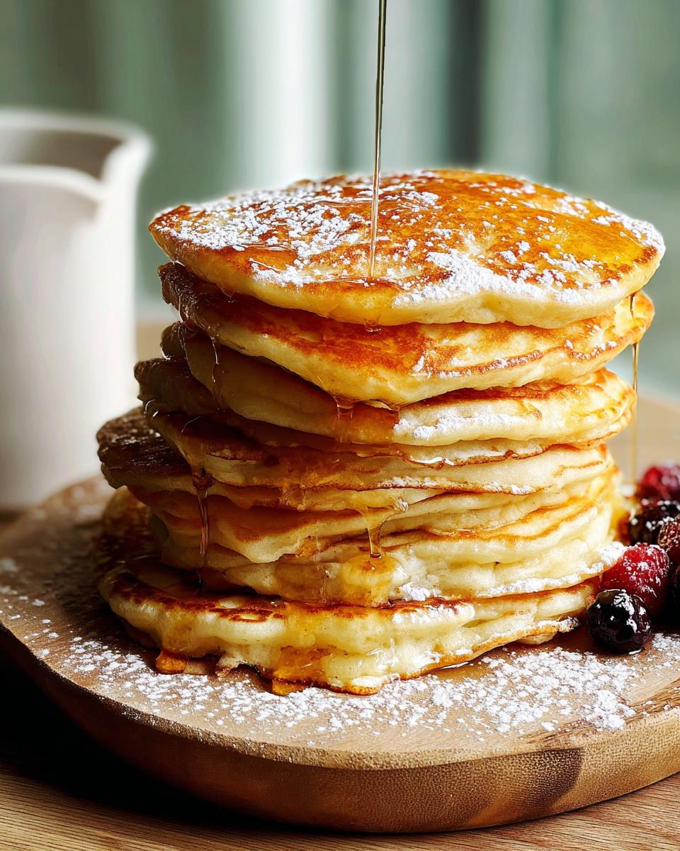 A tall stack of fluffy pancakes drizzled with syrup and dusted with powdered sugar, served with berries. A perfect breakfast idea.