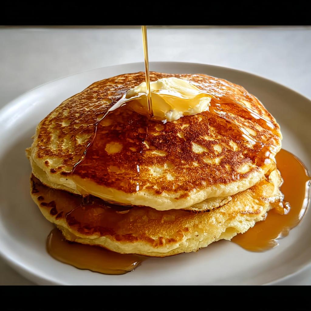 A stack of three fluffy pancakes topped with melting butter and drizzled with syrup, showcasing delicious breakfast ideas recipes.