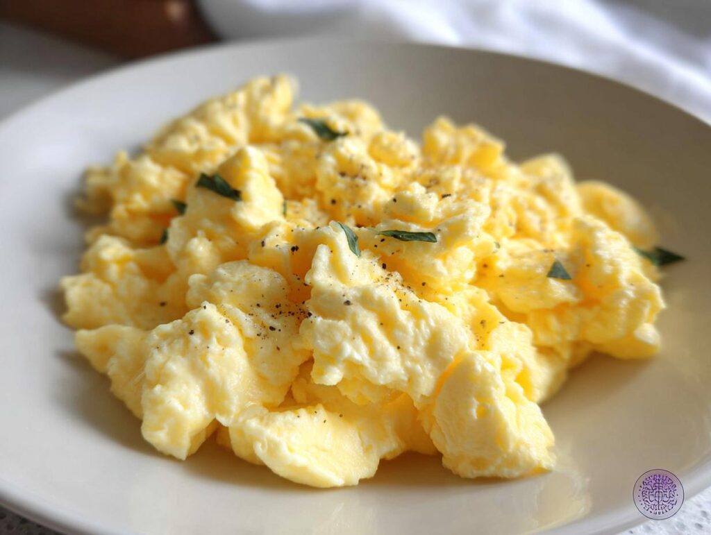 Close-up of fluffy scrambled eggs seasoned with black pepper and herbs, perfect for any egg recipe.