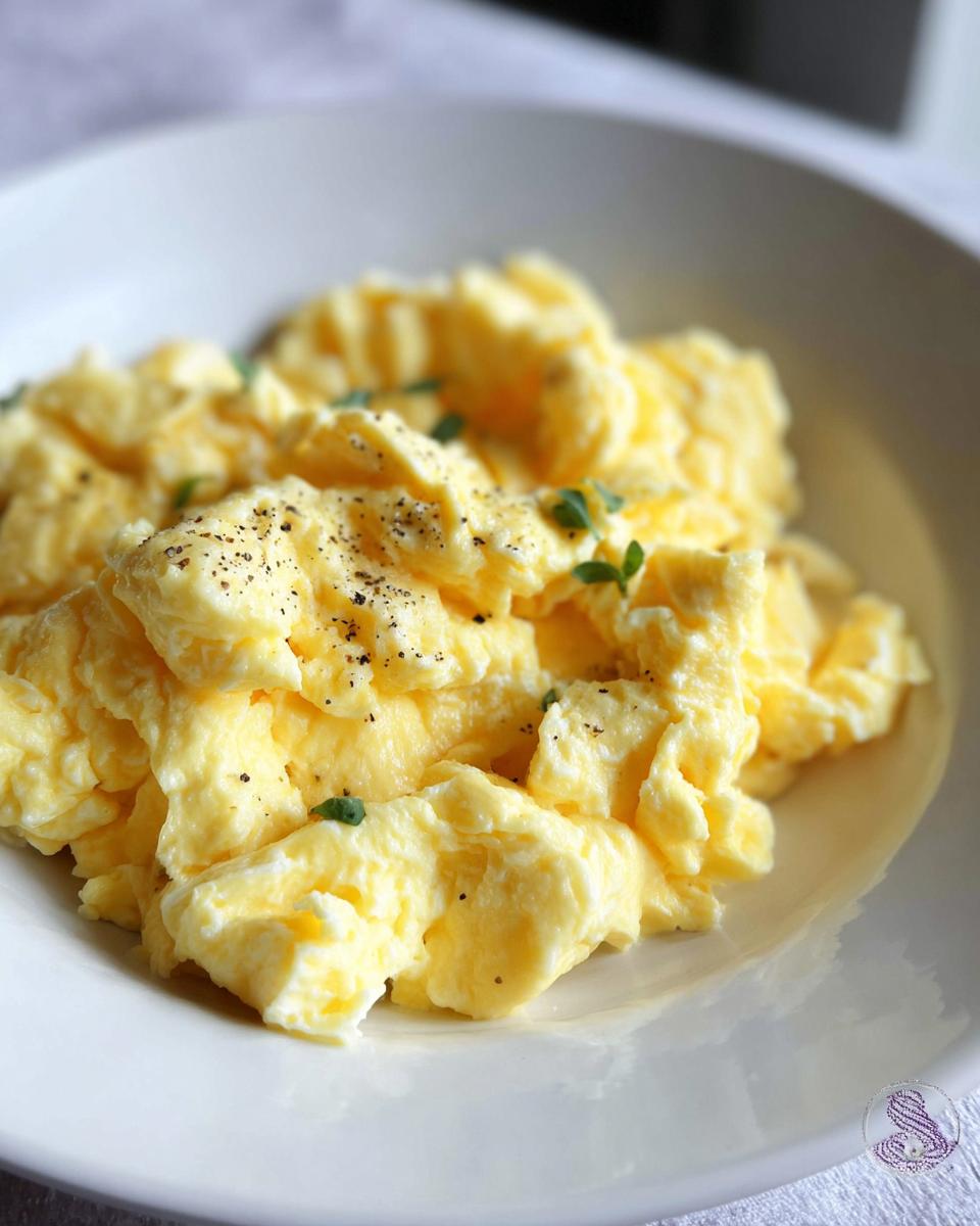 Close-up of fluffy scrambled eggs seasoned with black pepper and garnished with fresh herbs.