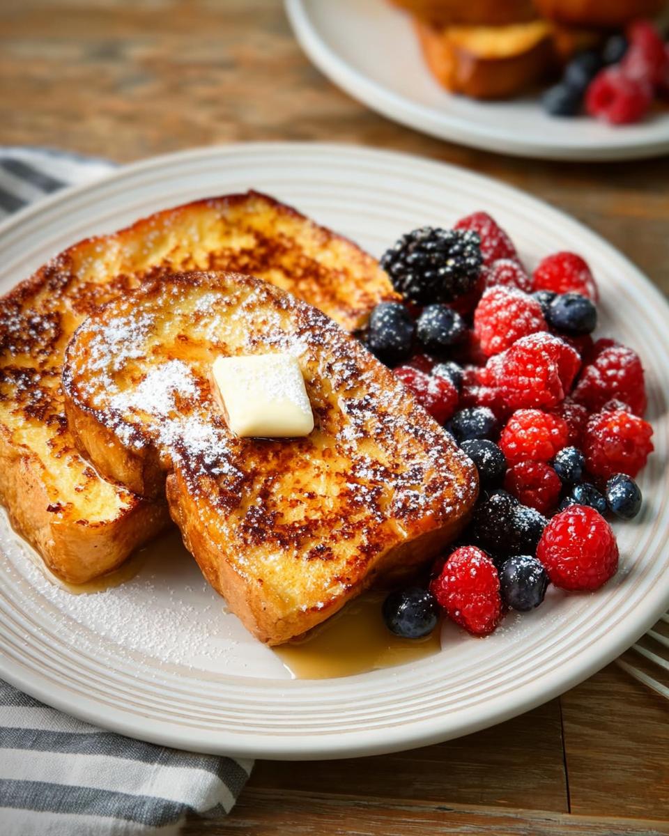 Golden brown French toast topped with powdered sugar and a pat of butter, served with fresh berries. A quick breakfast idea.