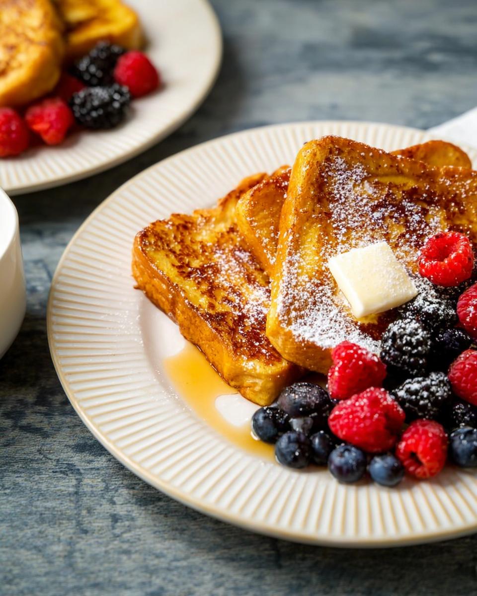 Golden brown French toast slices topped with powdered sugar, butter, and fresh berries, perfect for breakfast ideas recipes.