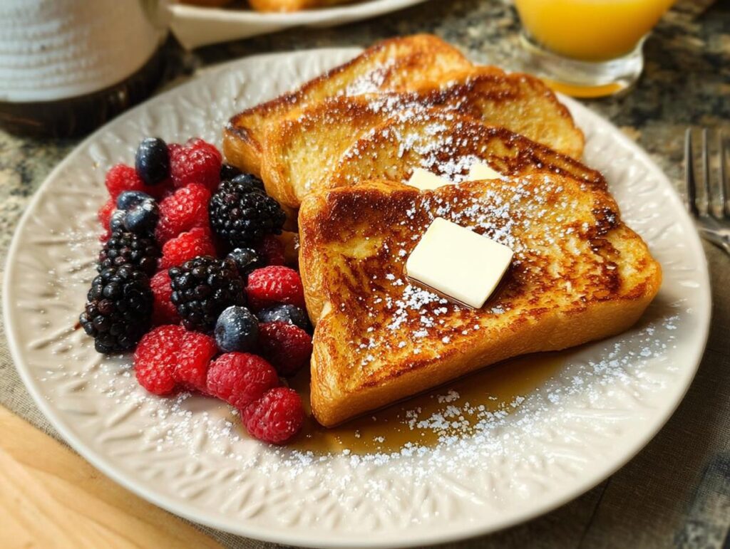 Golden brown French toast slices topped with butter and powdered sugar, served with fresh berries. A quick breakfast idea.