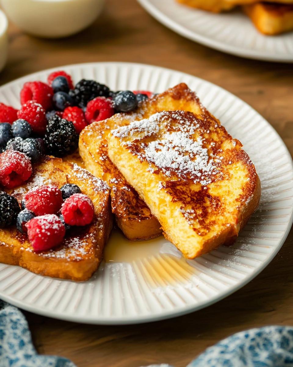 Golden brown French toast topped with powdered sugar and fresh berries, a perfect quick breakfast idea.