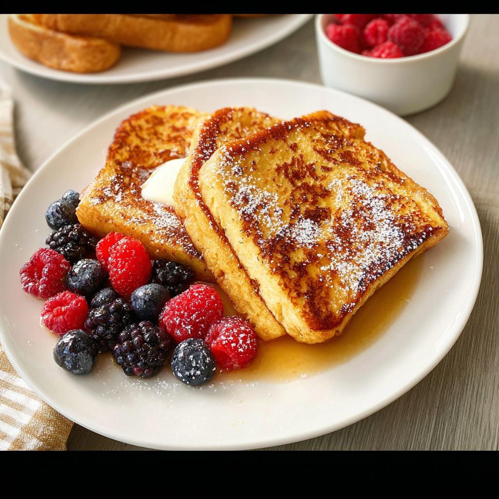 Golden brown French toast topped with powdered sugar, served with fresh berries and a dollop of butter. A perfect example of Breakfast Ideas Recipes in 20 Minutes.