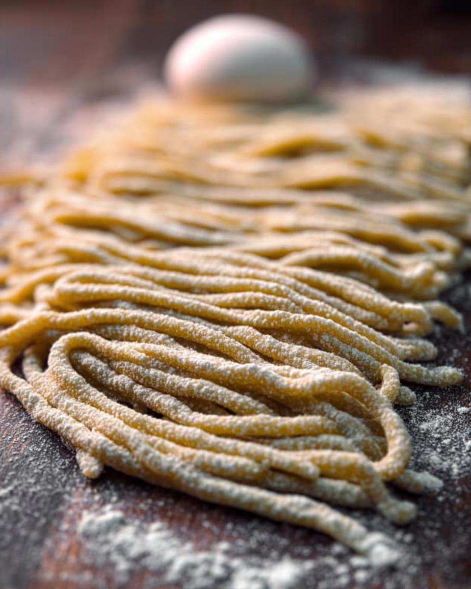 A close-up of freshly made pasta strands dusted with flour, with an egg in the background, showcasing ingredients for pasta recipes.
