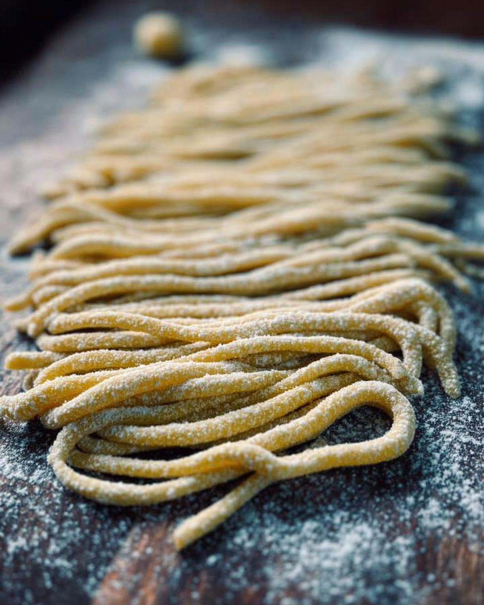 Close-up of freshly made pasta strands dusted with flour, ready for pasta recipes.