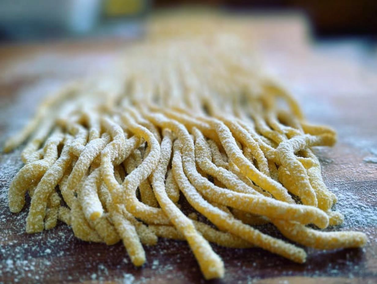 Close-up of freshly made pasta strands, dusted with flour, ready for pasta recipes.