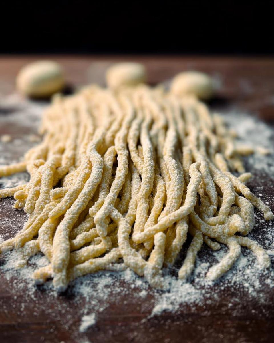Close-up of freshly made pasta recipe strands dusted with flour on a wooden surface.