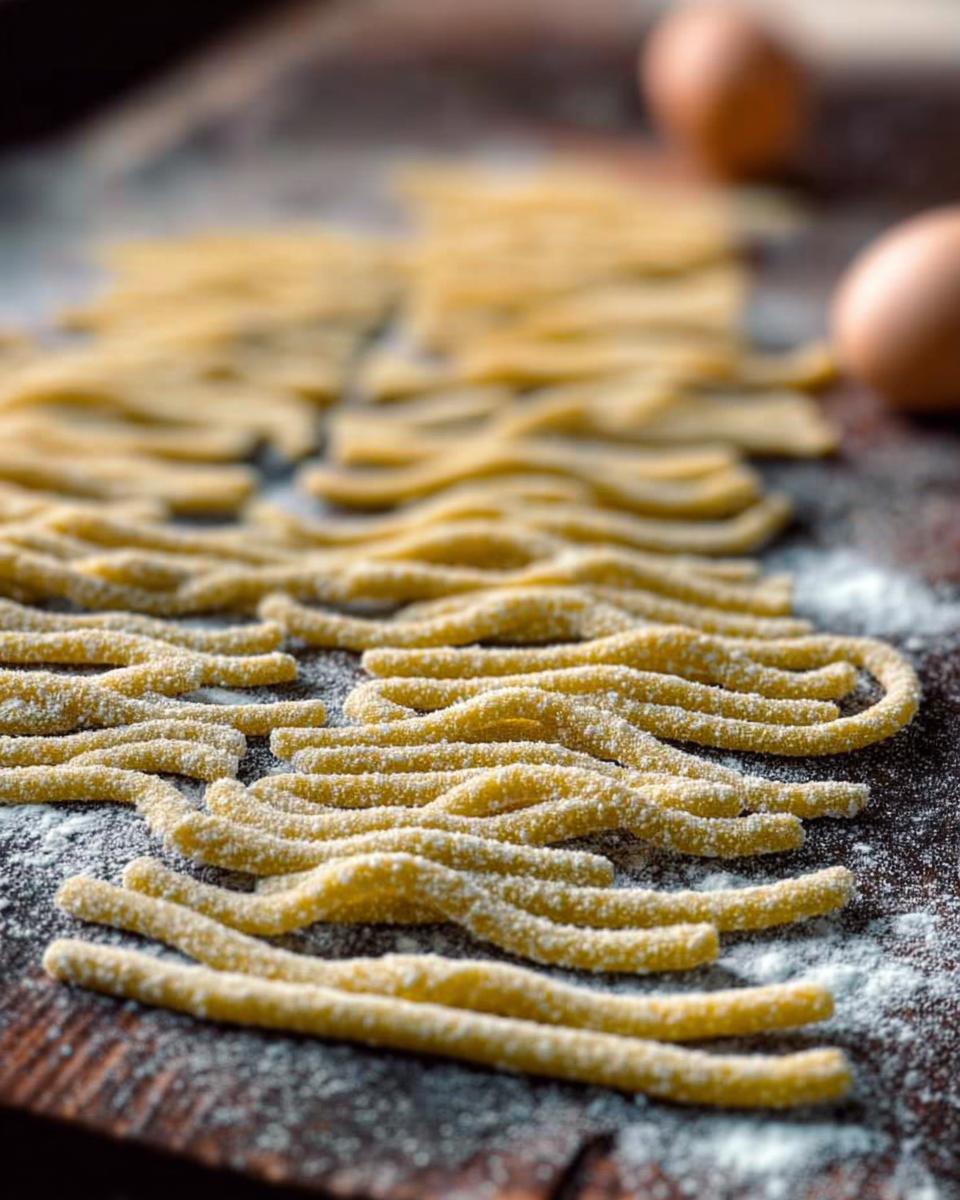 Close-up of freshly made pasta strands dusted with flour, ready for pasta recipes.