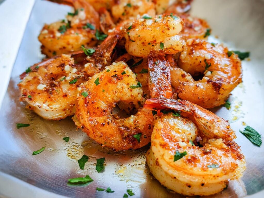 Close-up of perfectly cooked garlic butter shrimp, seasoned with herbs, ready to be served.