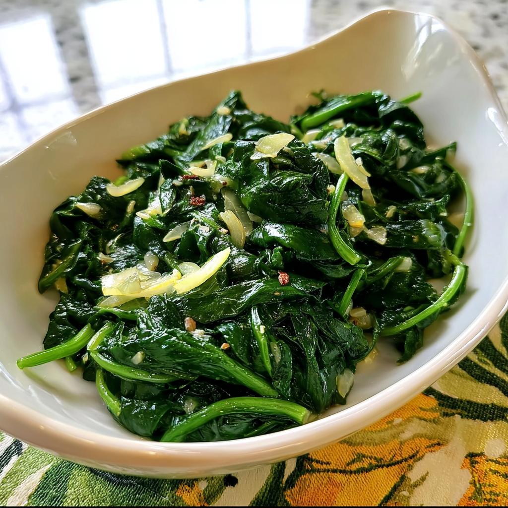 A white bowl filled with glistening sautéed spinach, garlic, and lemon slices, part of 20-Ingredient Veggie Sides Recipes.