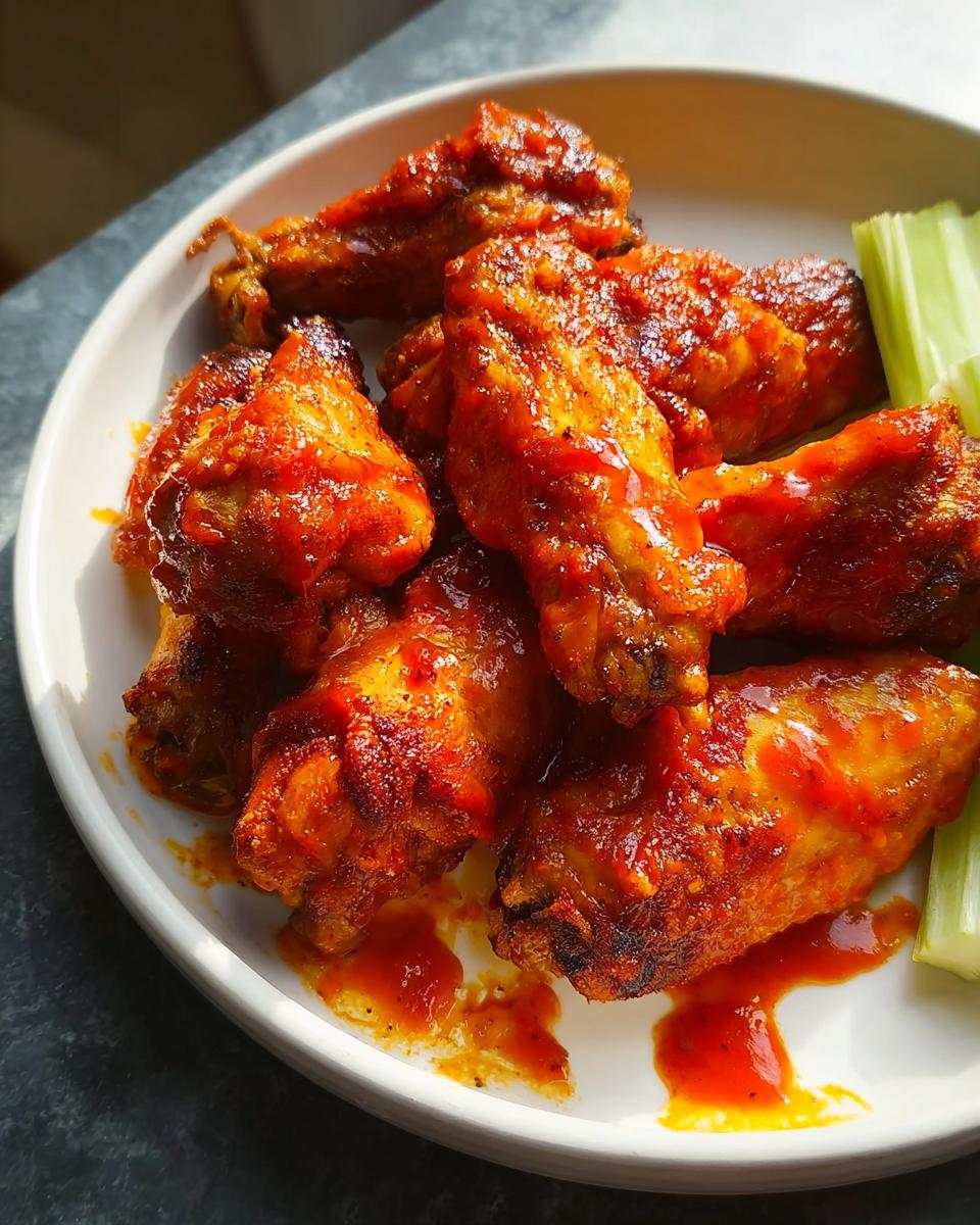 A plate of delicious, saucy chicken wings with celery sticks, perfect for busy weeknights.